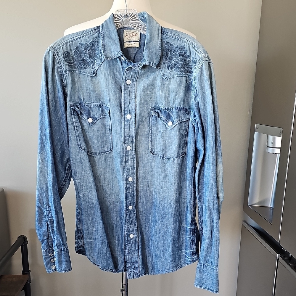 Vintage LUCKY BRAND Mens Linen Cotton Embroidered Western Denim Shirt Sz M